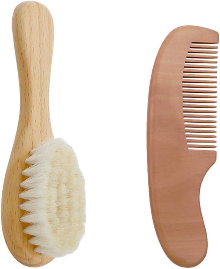Soft Wool Baby Shower Brush and Wood Comb Set for Newborns Gentle Scalp Care - Image 1